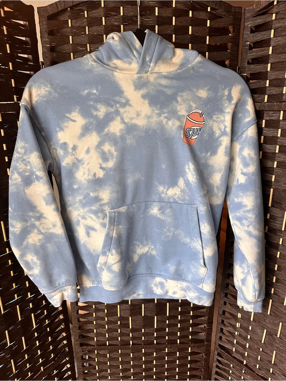 Tie-Dye Blue Pullover Hoodie Sweater with Drink Patch- Size 8/10